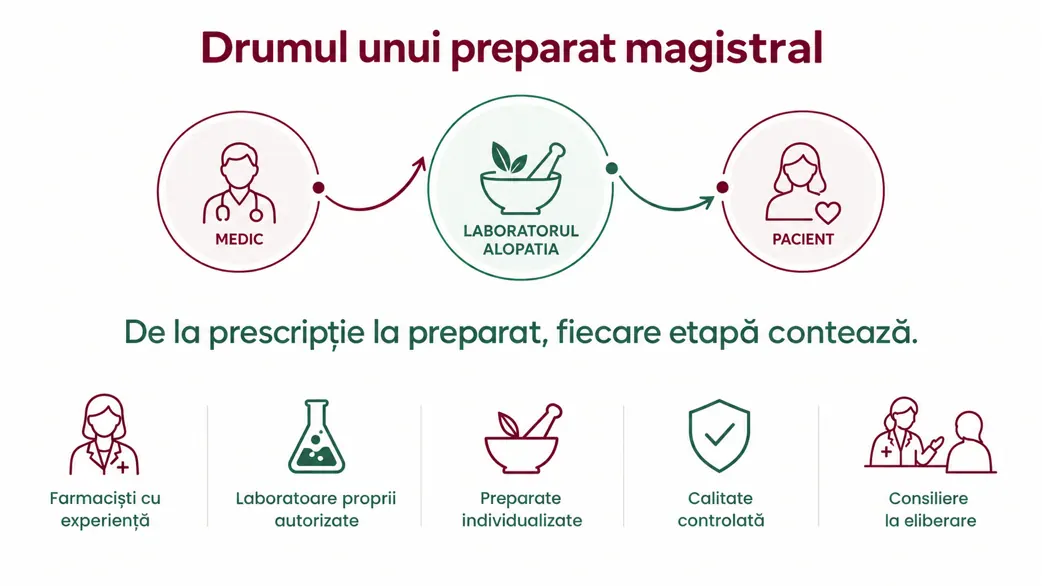 Drumul unui preparat magistral: de la medic, prin Laboratorul Alopatia, la pacient. Farmaciști cu experiență, laboratoare proprii autorizate, preparate individualizate, calitate controlată, consiliere la eliberare.